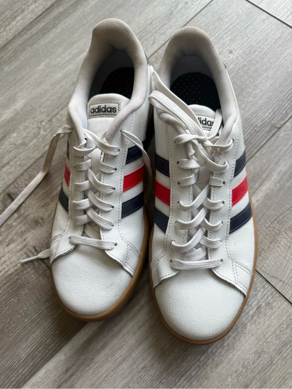 adidas White Sneakers with Navy & Red Side Stripes